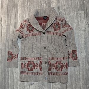Pendleton 100% Wool Cozy Gray and Red Patterned Cardigan